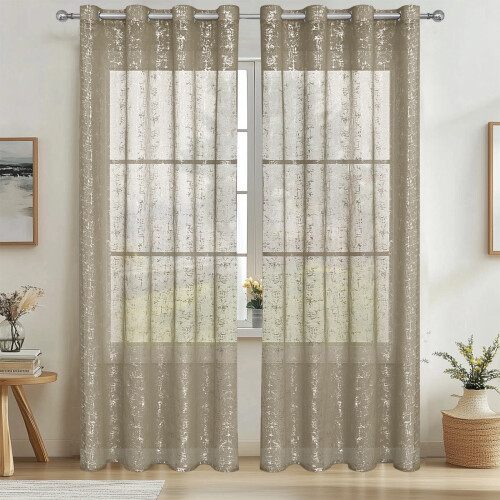 White sheer curtains with silver foil pattern, grommet top,