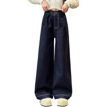 Linen Pants Elastic Waist Drawstring Wide Leg Dark Blue 7-8