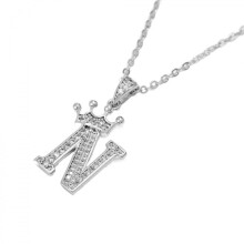 Sterling Silver Crown Letter Pendant Necklace A-Z Figaro