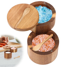Acacia Wood Salt Cellar 2-Tier with Spoon and Magnetic