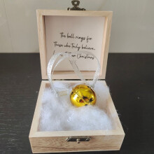 Christmas Bell Ornament Wooden Box Silver Gold Ribbon