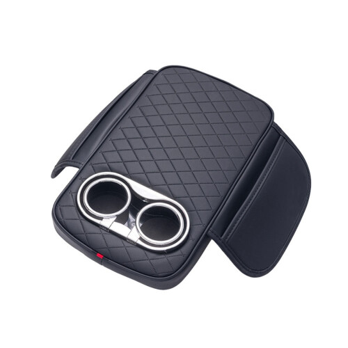 Car Armrest Cushion PU Leather Black with 2 Cup Holders and