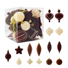 Velvet Flock Christmas Ornaments Brown White 12 pcs