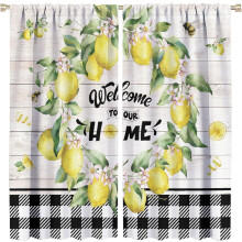 Rustic Lemon Curtains with Floral Wreath Vintage Farmhouse