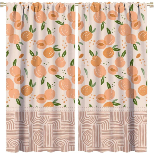 Peach Curtains Vintage Boho Fruit Leaves Pattern Thermal