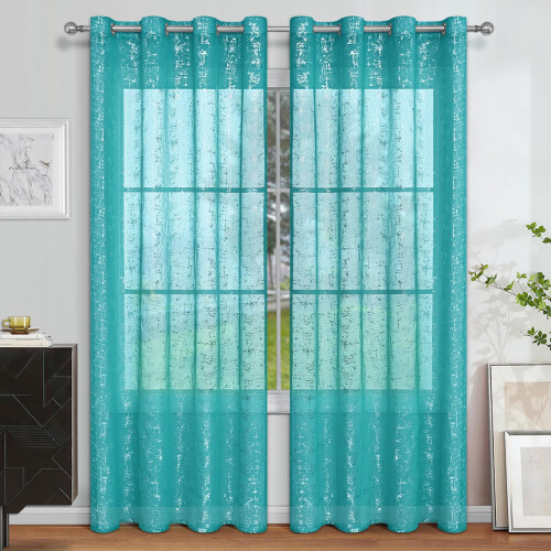 Dtchengua Sheer Curtains Silver Embossed Blue 39x98 Inch 1