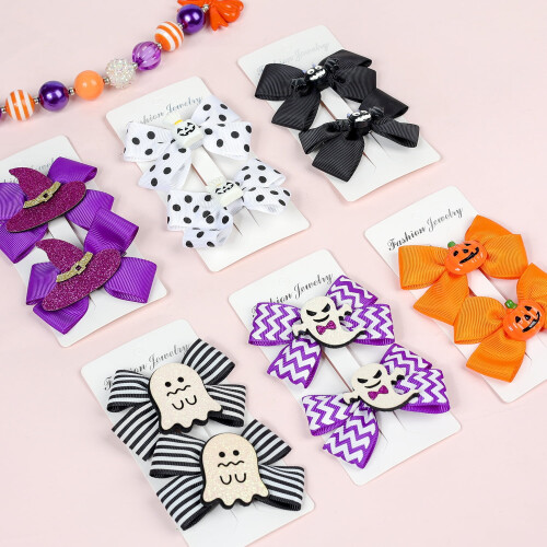 Halloween hair bow with pumpkin bat spider ghost design 1