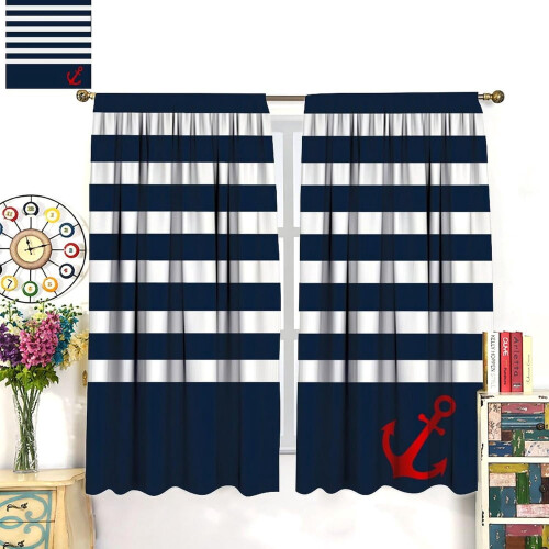Nautical Stripe Kitchen Curtains Navy White 72x63 Inch 2