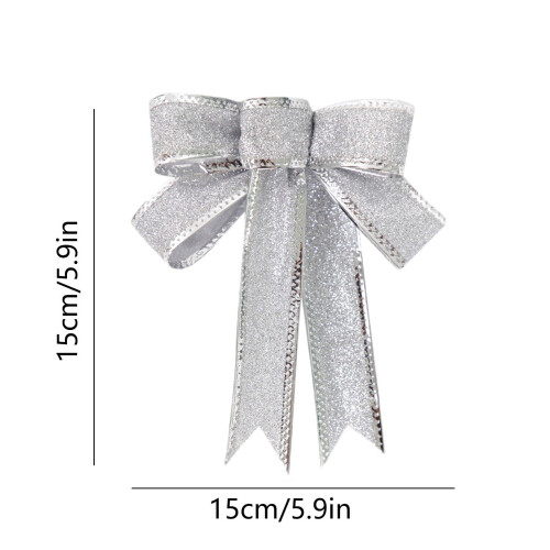 Glitter Bow Ornament with Fan Tape Silver 6 pcs 2