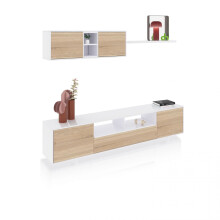 Salón con mueble de TV y estantería en blanco brillo y roble canadian 200 cm Kenzo