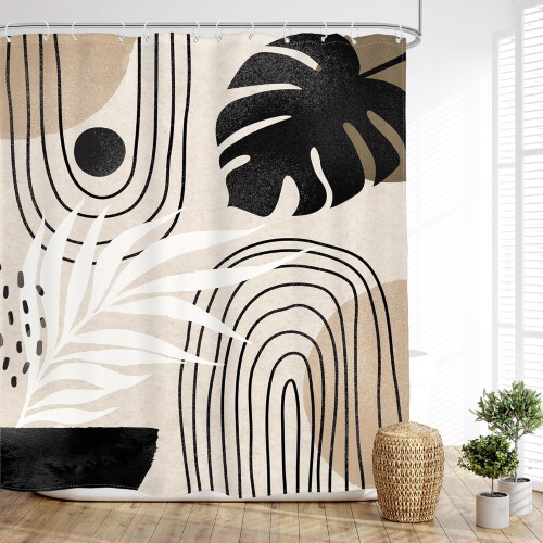 Κουρτίνα ντους Boho 72x72 ίντσες Μαύρο Καφέ Μπεζ Φύλλο Φοίνικα 1