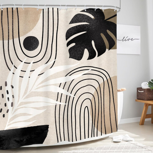 Κουρτίνα ντους Boho 72x72 ίντσες Μαύρο Καφέ Μπεζ Φύλλο Φοίνικα 2