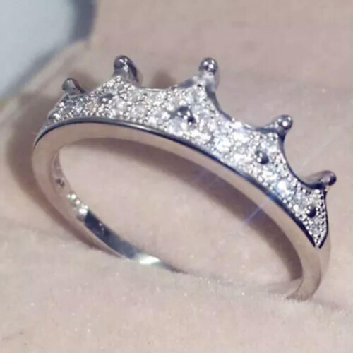 925 Silver Crystal Crown Ring Women Size 5-10 1