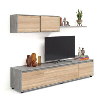 Salón con mueble de TV y estantería en gris cemento y roble canadian 200 cm Arlet