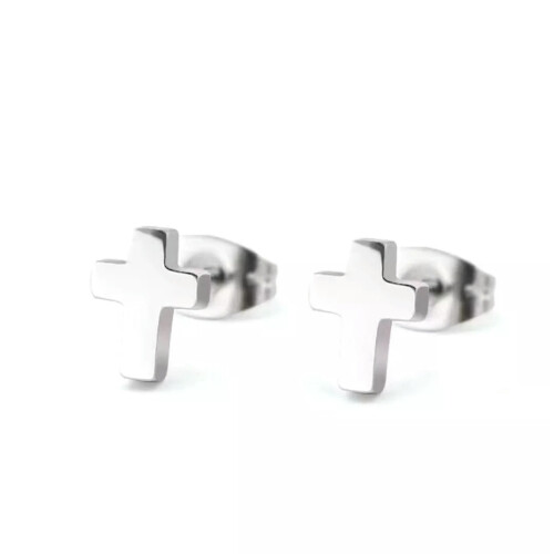 Silver Cross Stud Earrings Surgical Steel 1 Pair 1