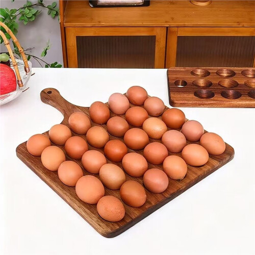 Solid Wood Egg Rack with Handle, Multi-Grid Kitchen Storage Display Tray 2