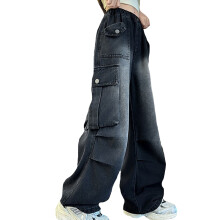Girls High Waist Parachute Denim Joggers Black 5-6 Years