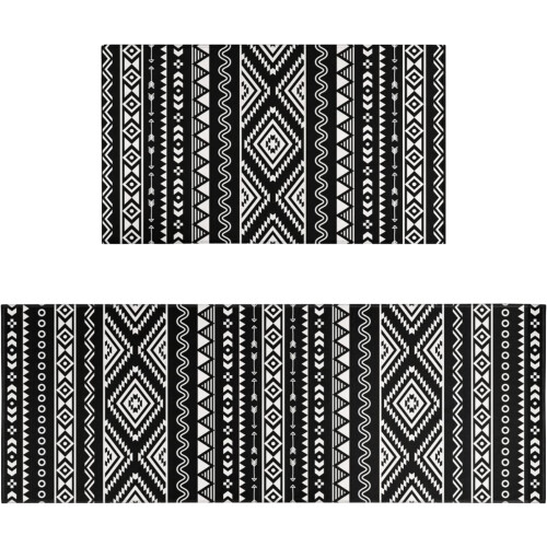 Black Boho Kitchen Rug Set 2 Piece Washable Non-Slip