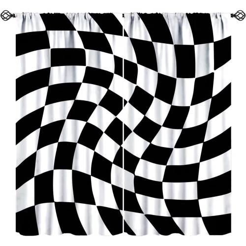 Hippie Checkered Curtains Black White Grid 72" W x 63" L