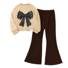Girls' Bowknot Long Sleeve Shirt and Flare Pants Set,