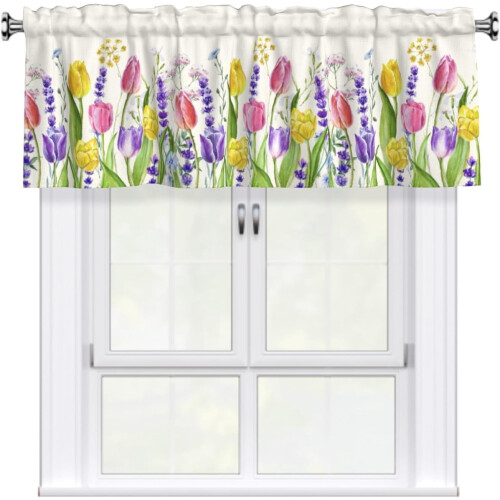 Spring Floral Kitchen Curtain Valance Pink Tulips