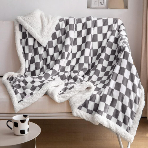Sherpa Fleece Throw Blanket Checkered Pattern Grey 50x60