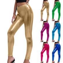 Women's Gold Shiny High-Waist Stretch Yoga Leggings Purple