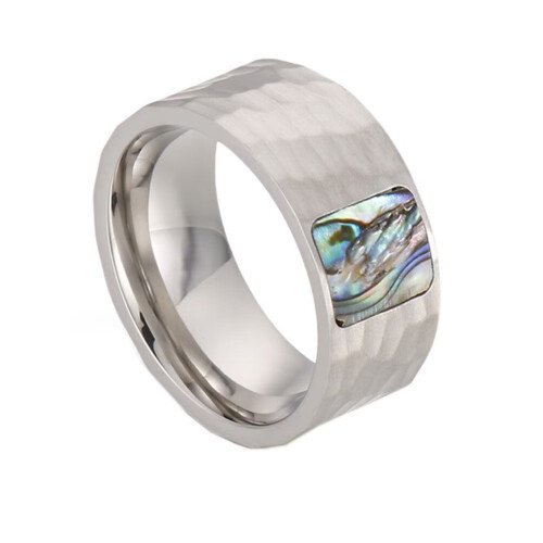 Stainless Steel Abalone Shell Ring Vintage Hammered Pattern