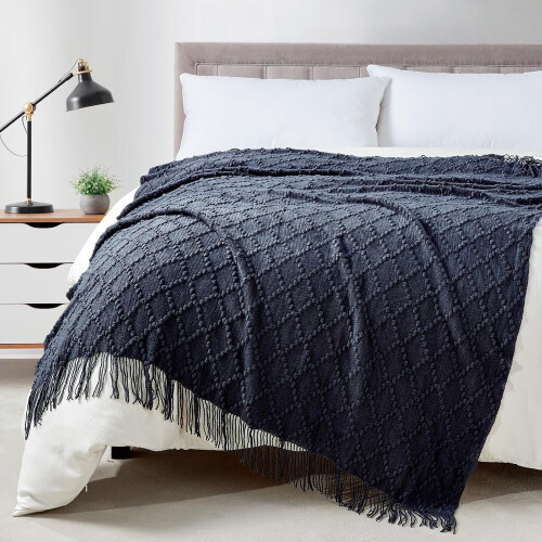 Navy knitted throw blanket 50 x 60 inches