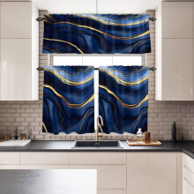 Navy Blue Marble Gold Foil Tier Curtains and Valance