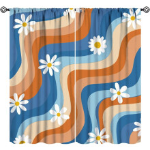 Retro 70s Hippie Curtains Abstract Flower Print Blue Orange
