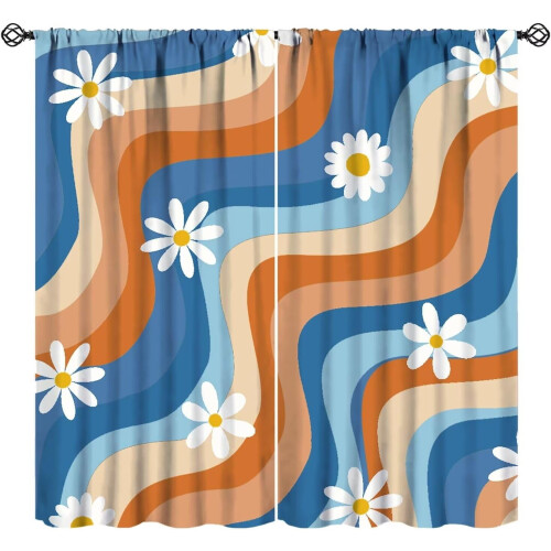 Hippie Curtains Abstract Flower Daisy Spiral Blue Orange