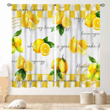 Yellow Lemon Kitchen Curtains Vintage Checkered 2 Panels