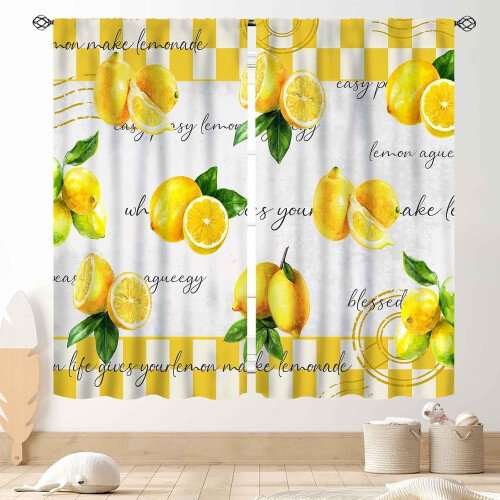 Yellow Lemon Kitchen Curtains Vintage Retro Checkered 2