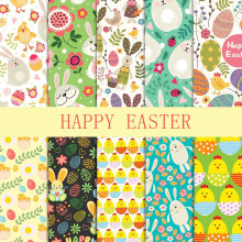 Easter Cotton Fabric Squares Bunny Egg Carrot Flower 10 pcs