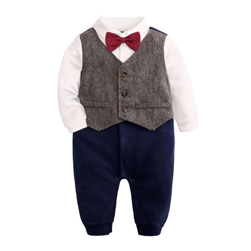 Baby Boy Cotton Romper Set Long Sleeve Bow Tie Jumpsuit