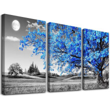 Schwarz-Weiß-Leinwandbild mit blauem Baum und Mond, 12 x 16 Zoll, 3-teilig
