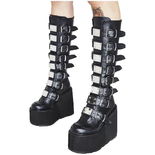 Women's Gothic Punk Motorcycle Boots Black Leather