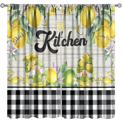 Lemon Farmhouse Kitchen Curtains Rustic Gnome Pattern