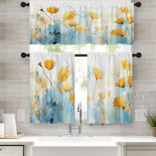Watercolor Floral Kitchen Curtains Set Blue Yellow 36 inch