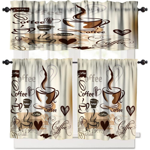 Coffee Kitchen Curtains Set 54x36 inch 3-Piece Cafe Theme