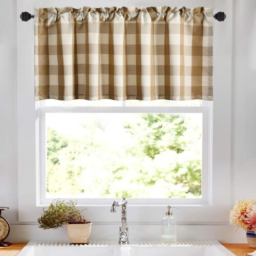 Buffalo Check Cotton Window Valance Beige White 1 Pack