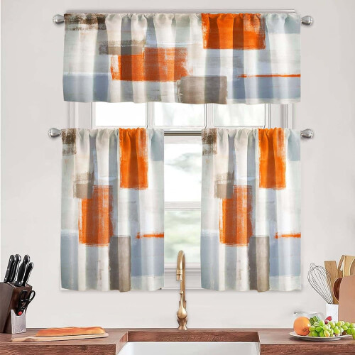 Kitchen Curtain Tiers and Valances Set Orange Beige