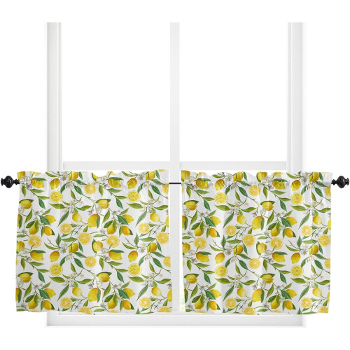 Yellow Lemon White Flower Kitchen Curtains Semi-Sheer