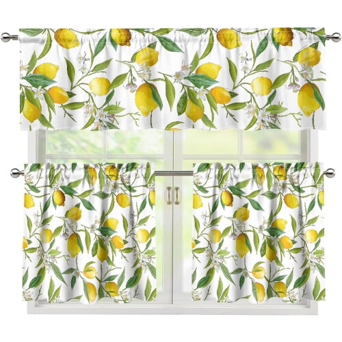 Lemon Print Blackout Kitchen Curtains Set 3-Pc Farmhouse