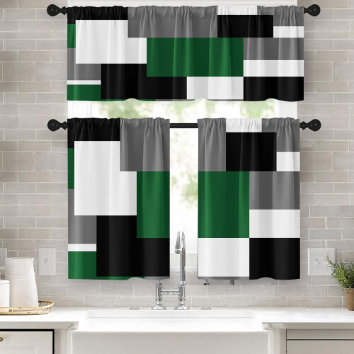 Green geometric kitchen curtains set black grey white 36