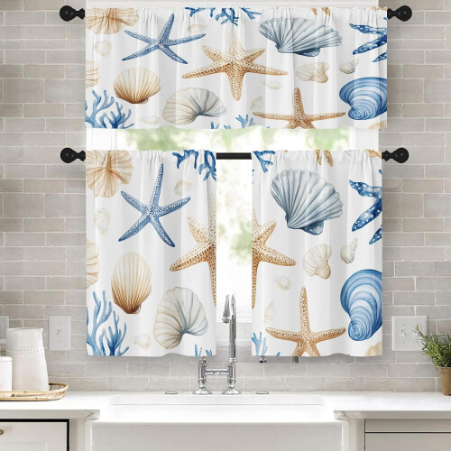 Seashell Starfish Coral Kitchen Curtains Set 36 inch Rod