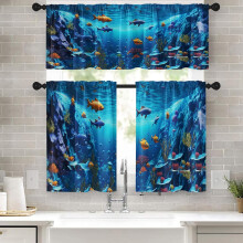 Sea Fish Kitchen Curtains Blue Ocean Tier Set 36 inch