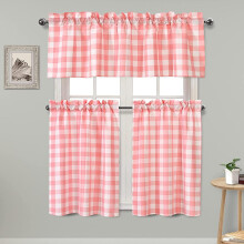 Semi Sheer Kitchen Curtains Set Buffalo Plaid Pink White 3