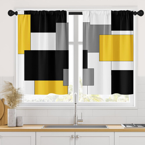 Yellow Kitchen Curtains Abstract Geometric 26x36 Inch Set